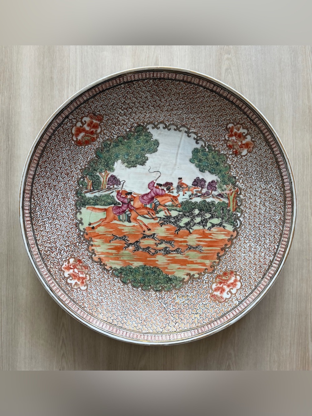 Chinese Antique Export Porcelain Hunt Plate -European - American Scene 18”
